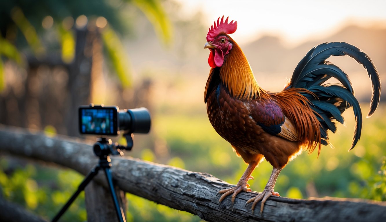 Seekor ayam jago sedang berkokok di atas pagar kayu dengan latar belakang suasana peternakan yang alami.