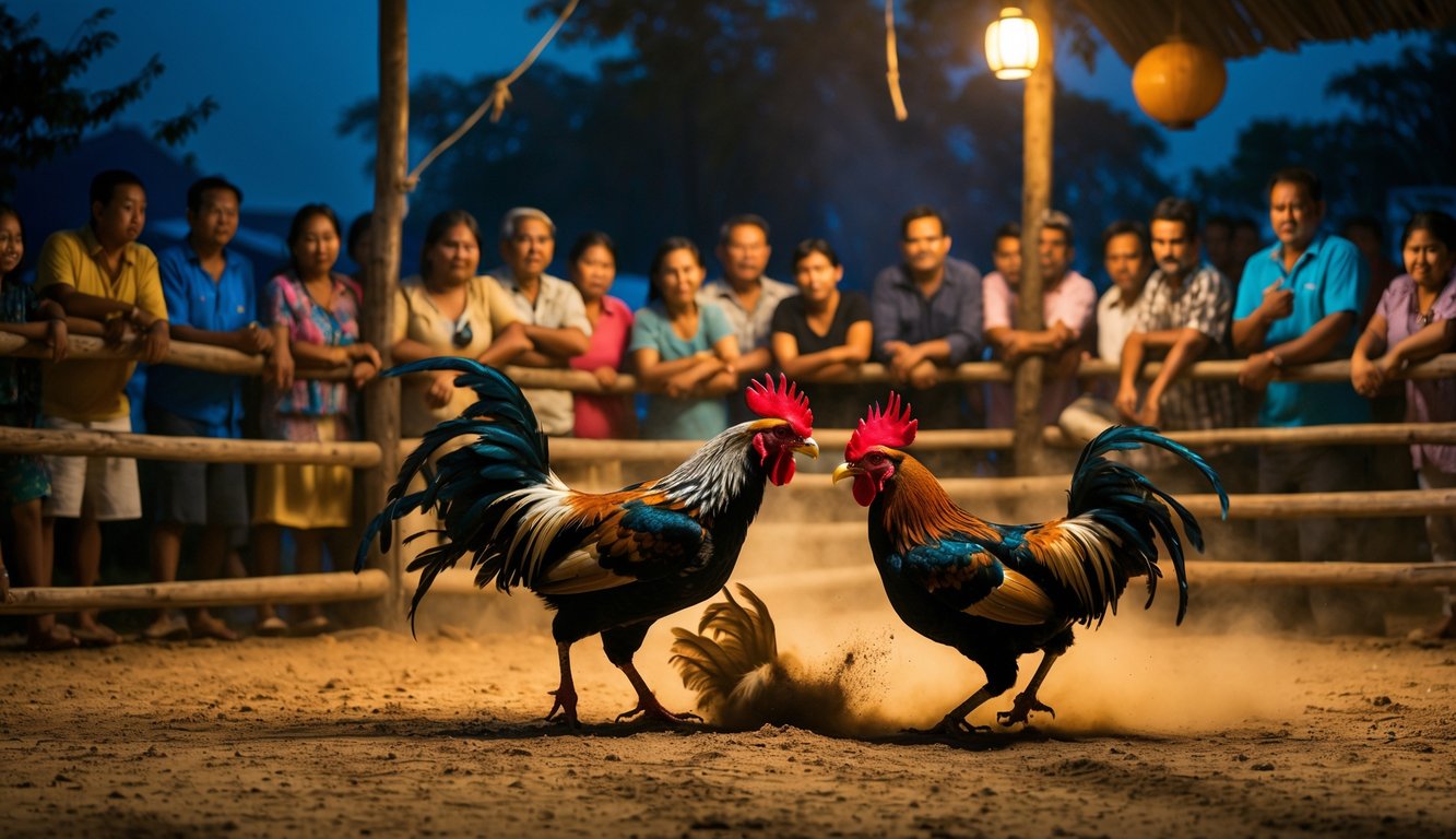 Kerumunan orang menonton dua ayam jantan bertarung di arena kayu pada malam hari.
