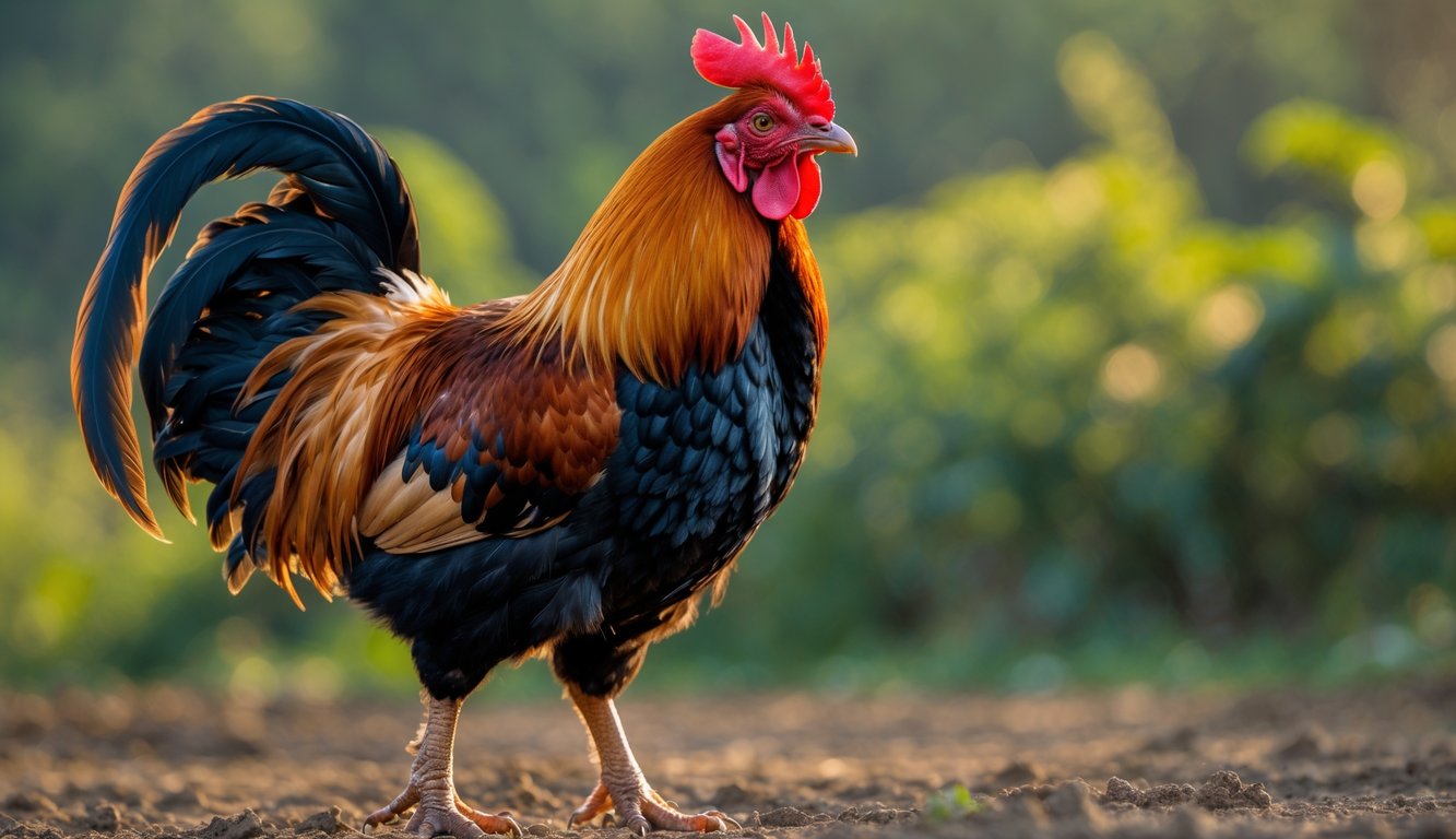 Seekor ayam aduan berdiri tegak di tanah dengan latar belakang tanaman hijau.