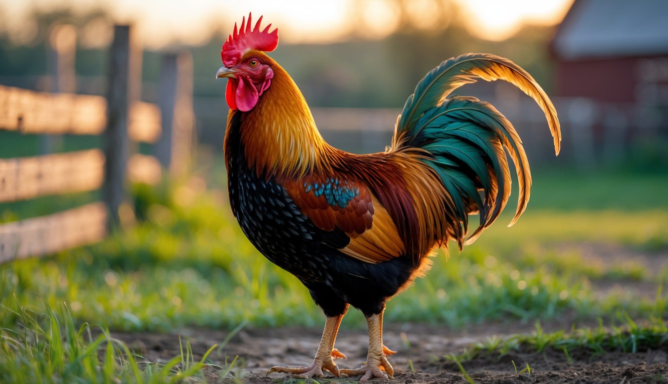 Seekor ayam jago berdiri di halaman peternakan dengan latar belakang pagar kayu dan rumput hijau.