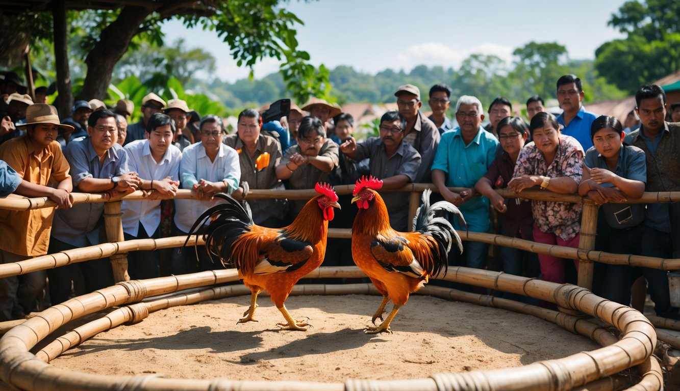 Dua ayam jago sedang bertarung di arena luar ruangan dengan penonton yang mengelilingi dan menyaksikan pertandingan.