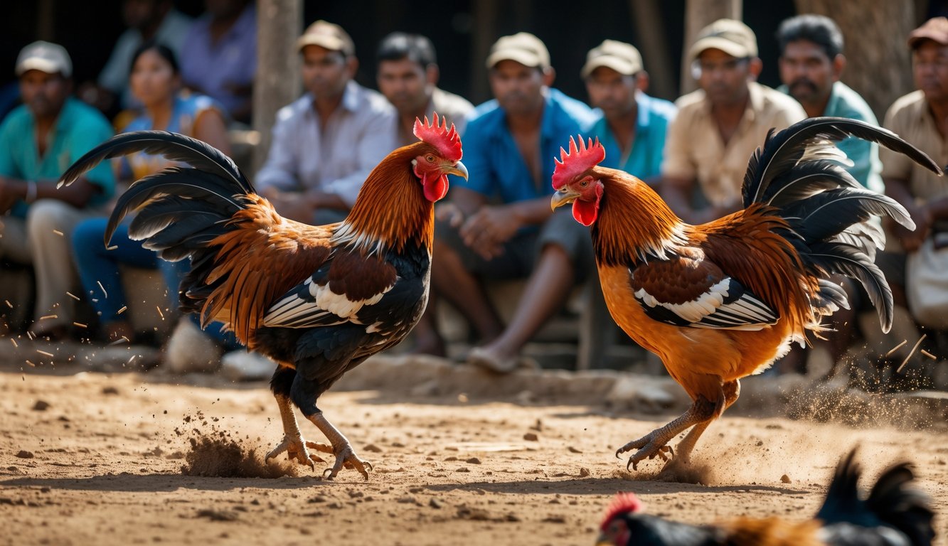 Dua ayam jago sedang bertarung di depan kerumunan orang yang memperhatikan dengan serius di lingkungan terbuka.