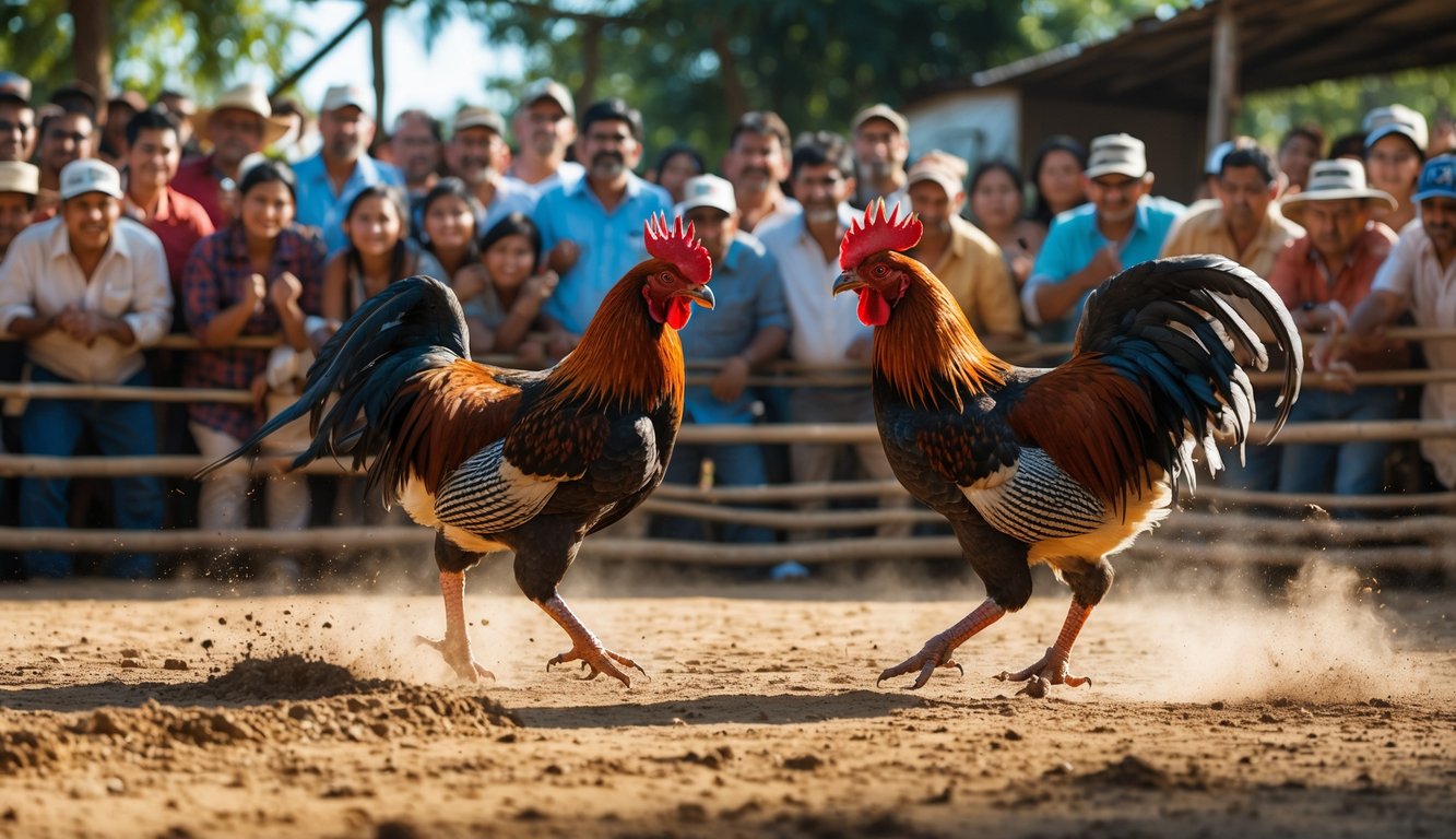 Dua ayam jago sedang bertarung di arena dengan kerumunan orang menonton di sekitarnya.