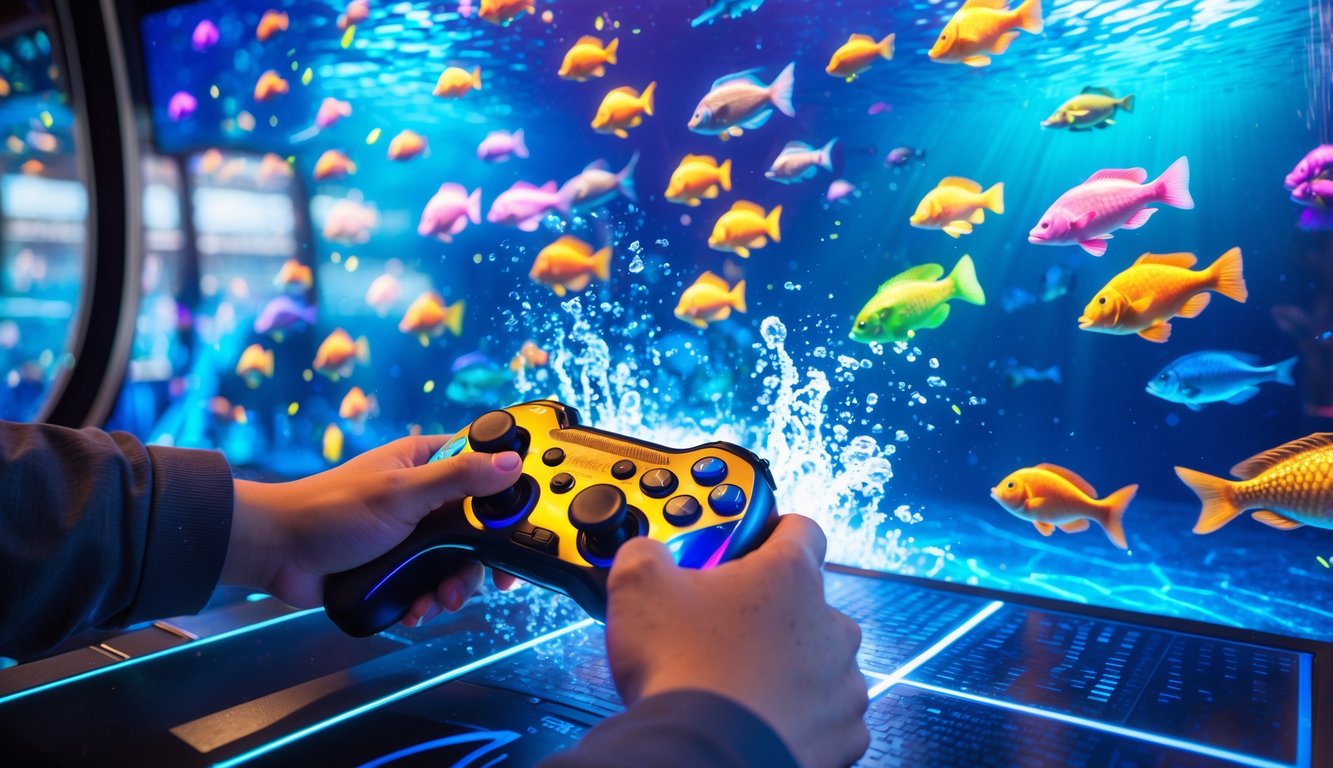 Seseorang sedang bermain permainan menembak ikan di layar digital dengan berbagai ikan berwarna-warni di latar belakang bawah laut.