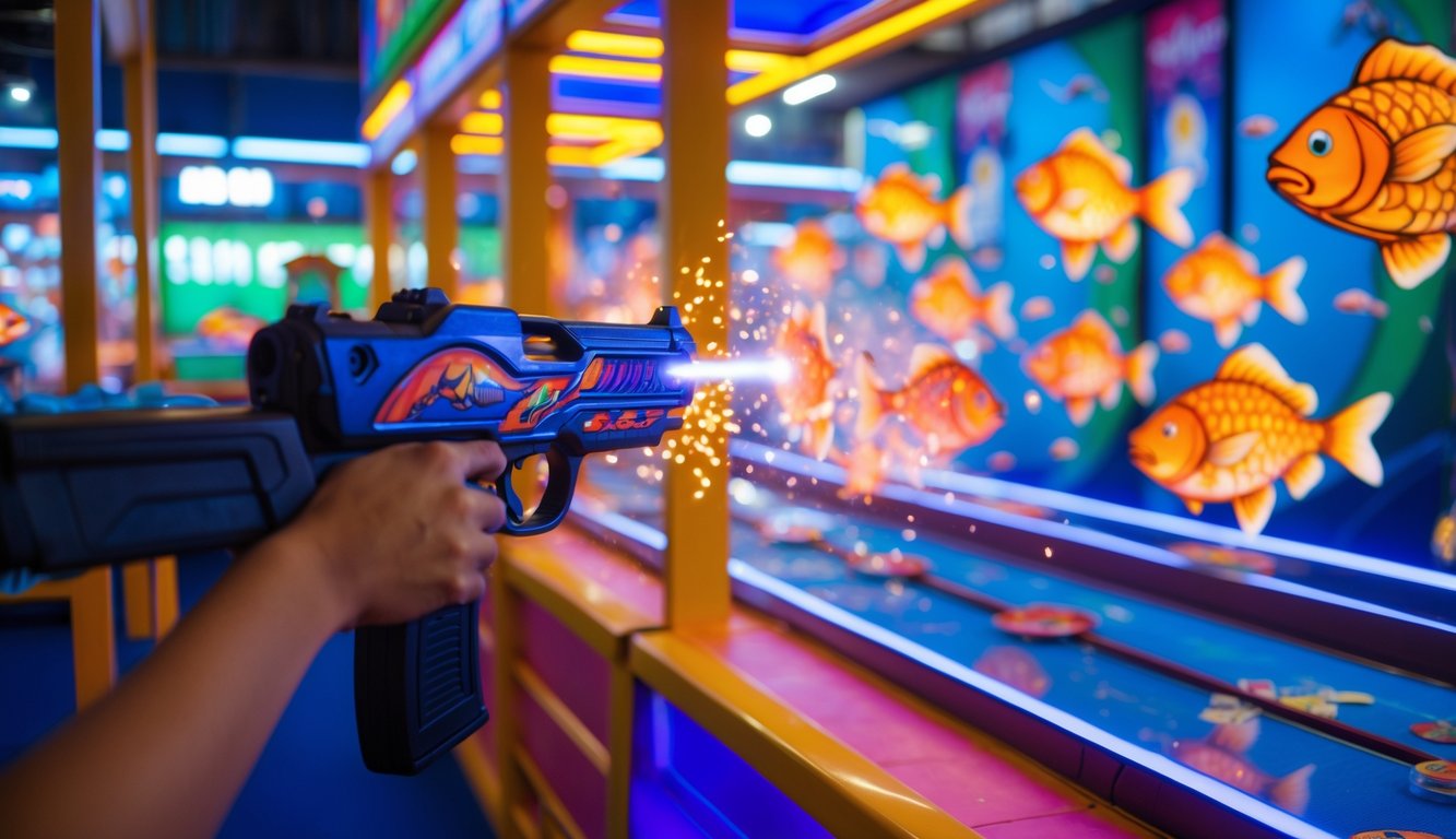 Seseorang sedang menembak ikan bergerak dalam permainan tembak ikan di tempat hiburan.