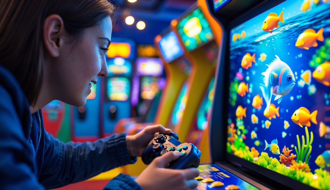 Seseorang sedang bermain game tembak ikan di arcade dengan layar penuh ikan warna-warni dan tangan memegang kontroler.