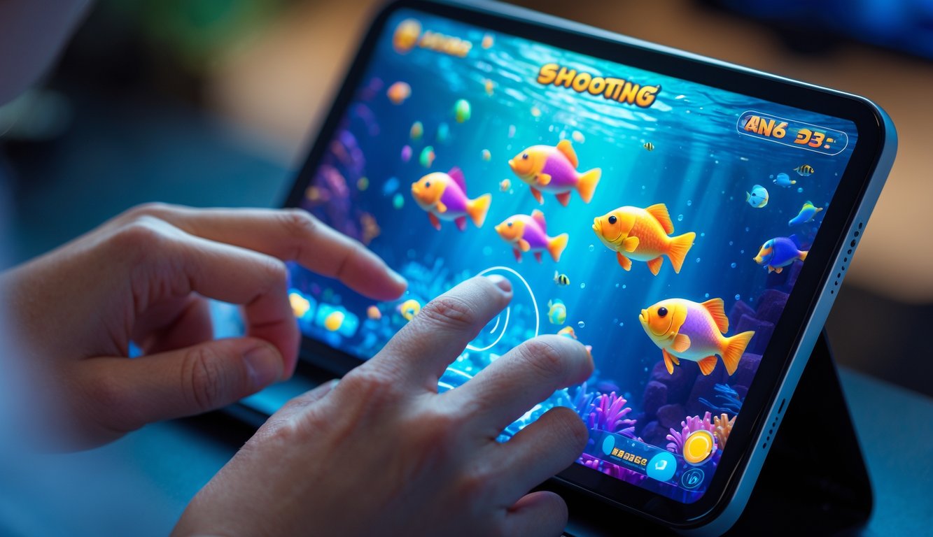 Seseorang sedang bermain permainan tembak ikan di layar sentuh dengan ikan berwarna-warni yang bergerak di layar.