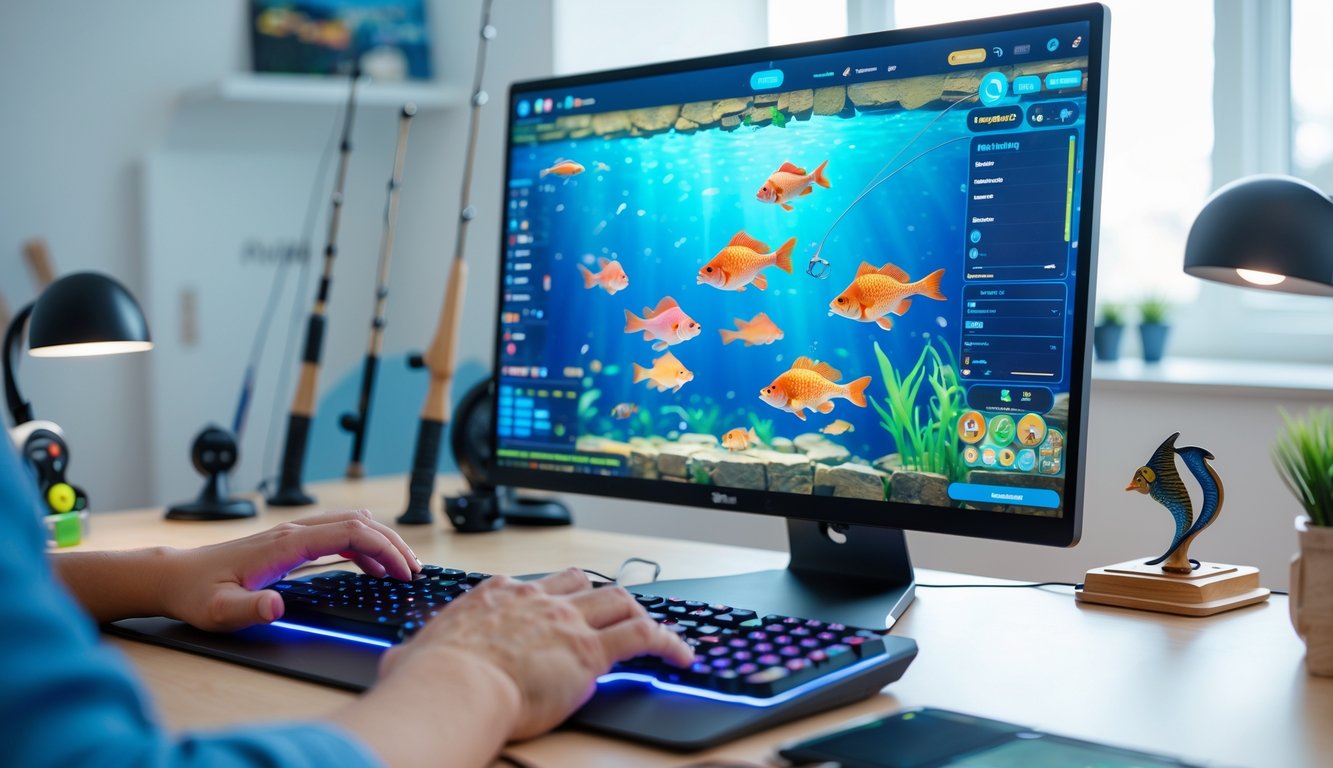 Seseorang sedang bermain permainan memancing online di komputer di ruang kerja yang rapi.