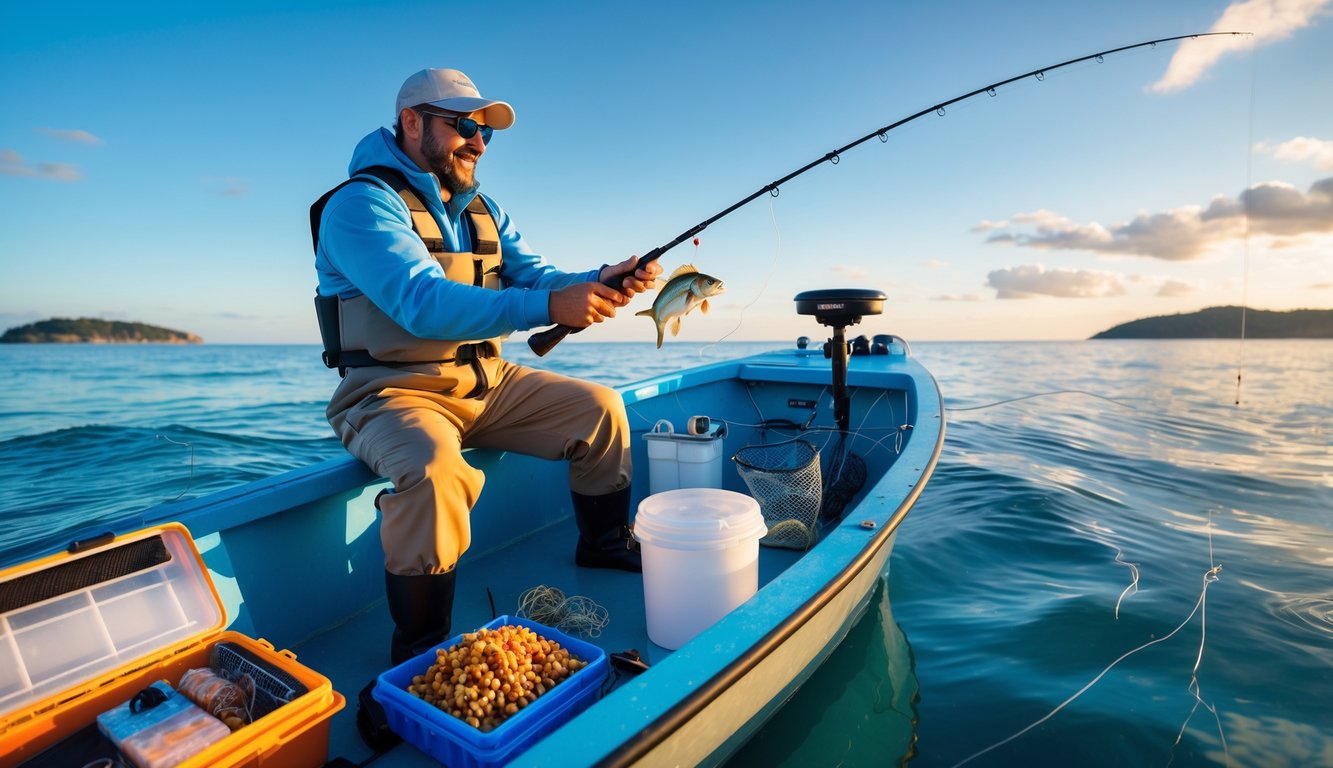 Seorang nelayan sedang memancing di perahu kecil di laut dengan alat pancing dan peralatan memancing di sekitarnya.