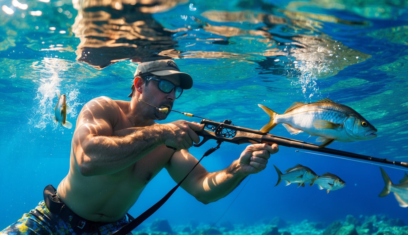 Seorang nelayan ahli menembak ikan dengan tombak di bawah air yang jernih.