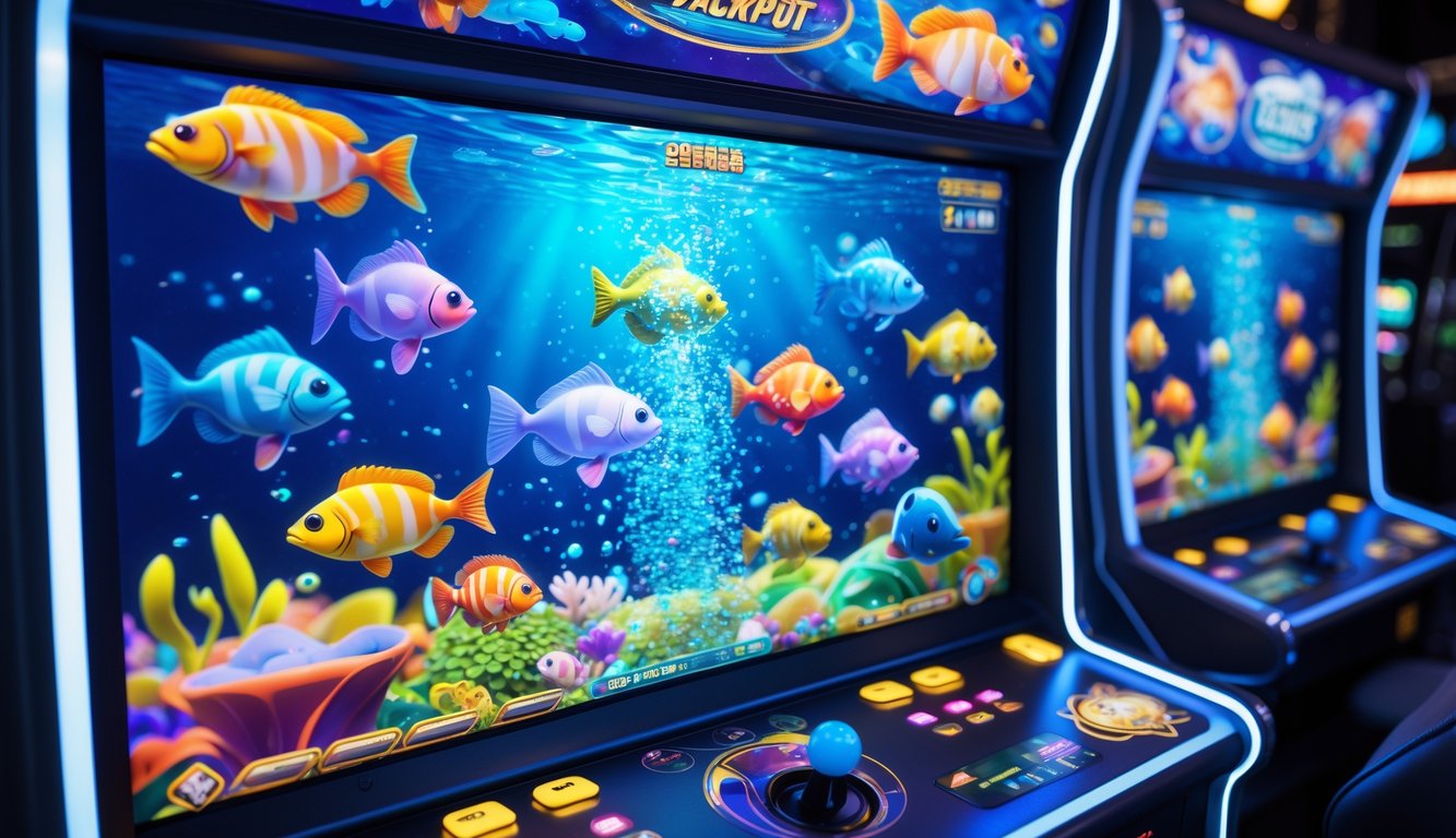 Layar permainan tembak ikan dengan ikan warna-warni dan efek cahaya jackpot yang menyala.