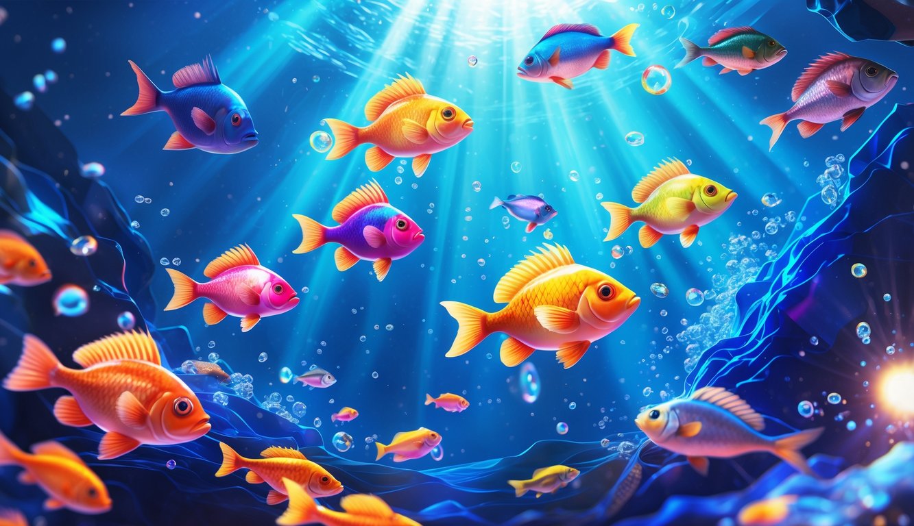 Layar permainan tembak ikan dengan ikan berwarna-warni berenang di latar bawah laut biru.