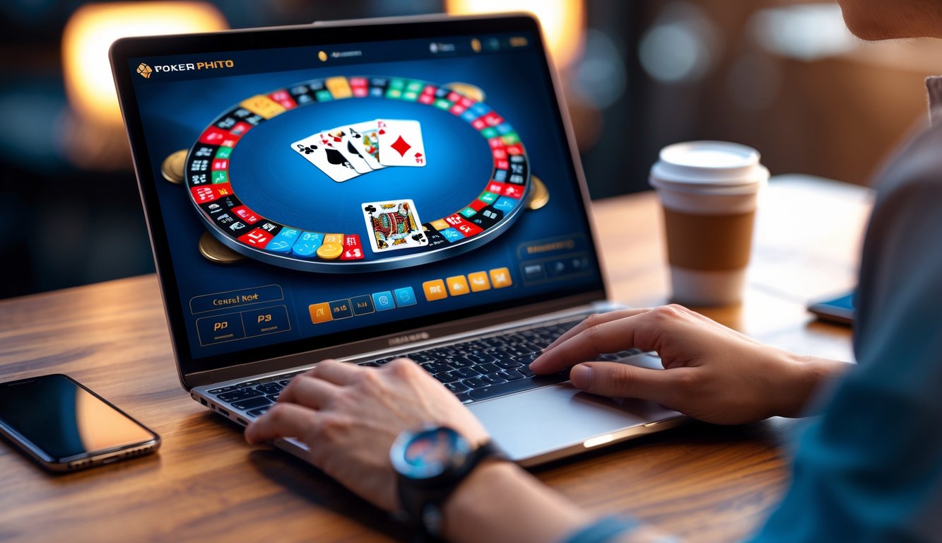 Seorang pemain sedang bermain poker online di laptop dengan tumpukan chip poker dan kartu terlihat di layar.
