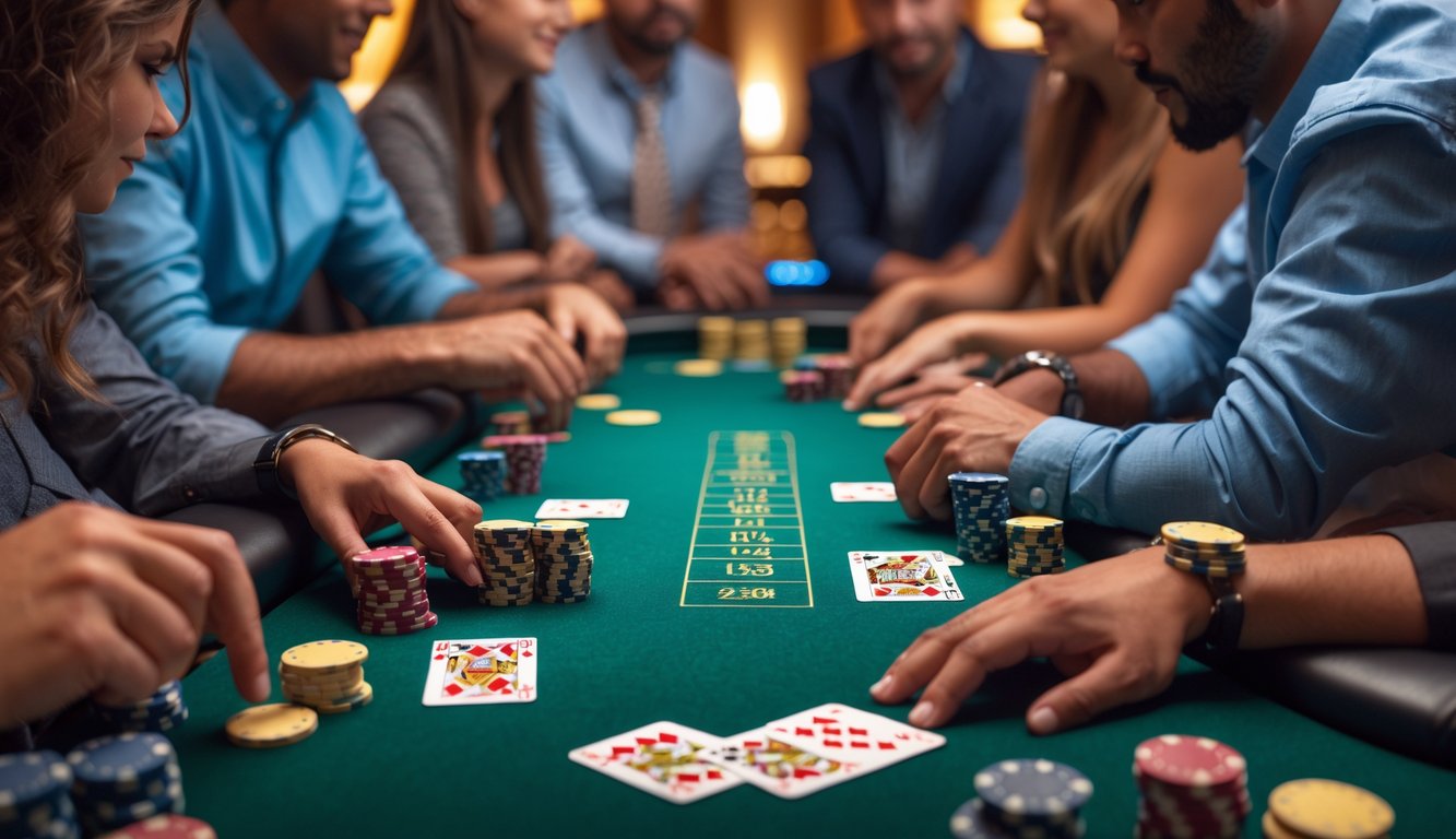 Sekelompok orang bermain poker Texas Hold’em di meja hijau dengan chip dan kartu, suasana serius dan fokus.