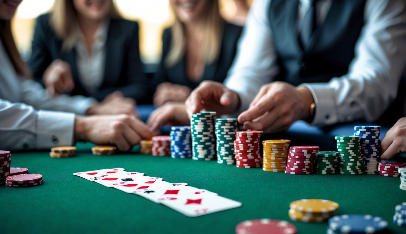 Meja poker dengan tumpukan chip warna-warni dan kartu yang sedang dibagikan oleh dealer, dengan beberapa pemain di latar belakang.