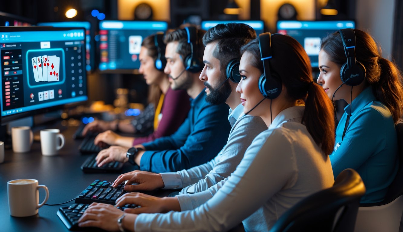 Orang-orang sedang bermain turnamen poker online di ruang kerja dengan beberapa monitor komputer.