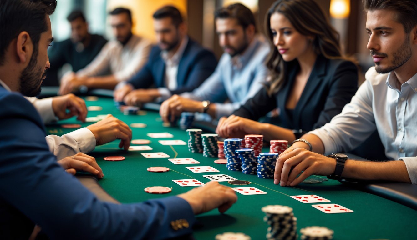 Meja poker Texas Hold’em dengan pemain yang fokus dan chip poker berwarna-warni di atas meja hijau.