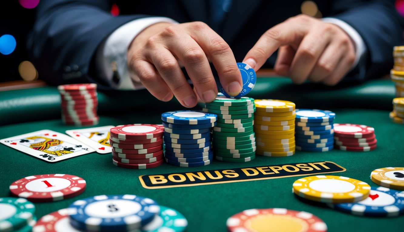 Meja poker dengan tumpukan chip warna-warni dan kartu bermain di atas permukaan hijau, tangan sedang meletakkan chip bonus.
