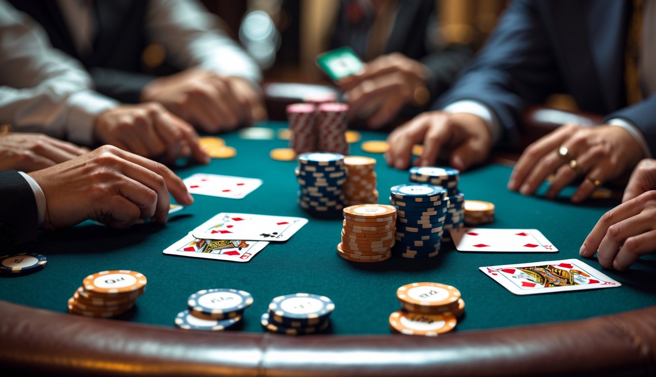 Meja poker dengan kartu dan tumpukan chip uang asli, beberapa tangan pemain terlihat sedang bermain.