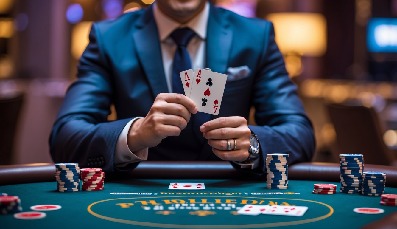 Seorang pemain poker yang percaya diri duduk di meja poker dengan kartu dan chip di depannya, menunjukkan ekspresi kemenangan.