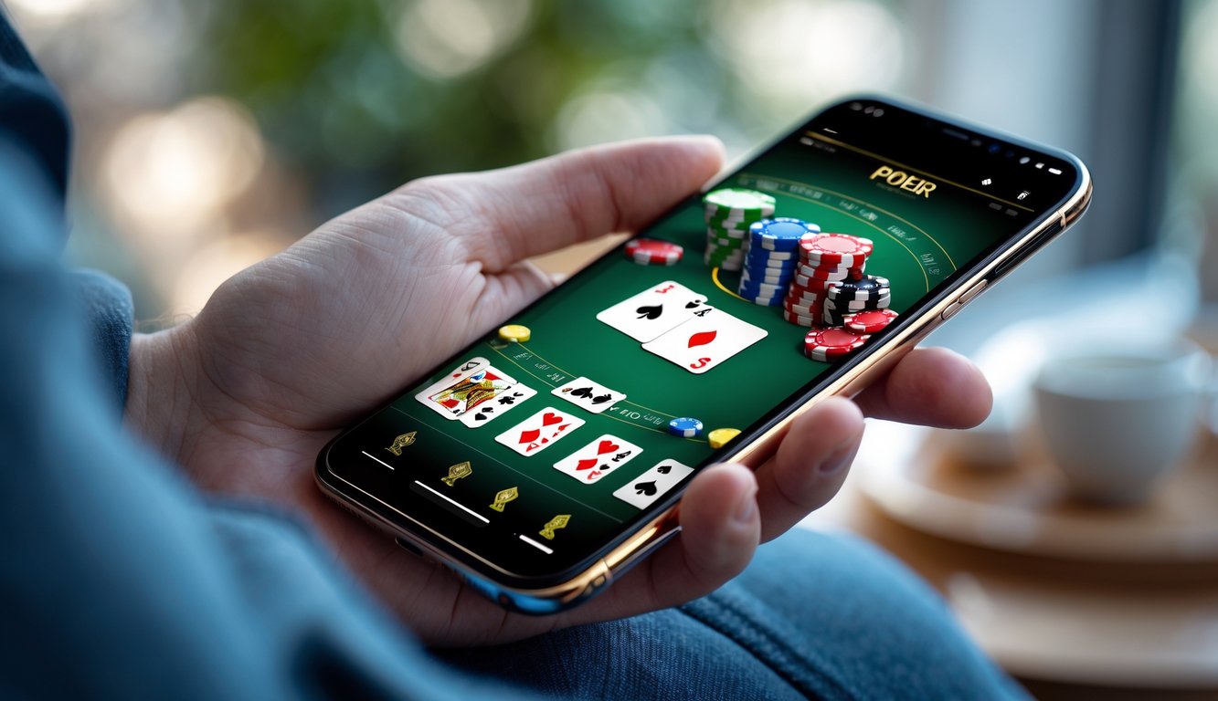 Seseorang memegang ponsel dengan aplikasi poker mobile yang terlihat di layar.