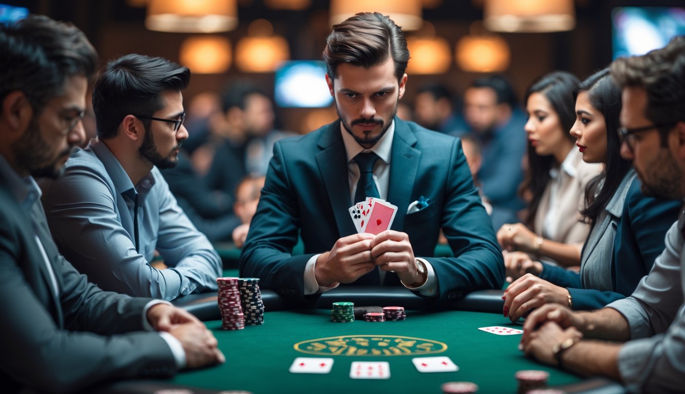 Seorang pria duduk di meja poker dengan ekspresi percaya diri sambil memegang kartu, dikelilingi oleh pemain lain yang memperhatikan dengan serius.
