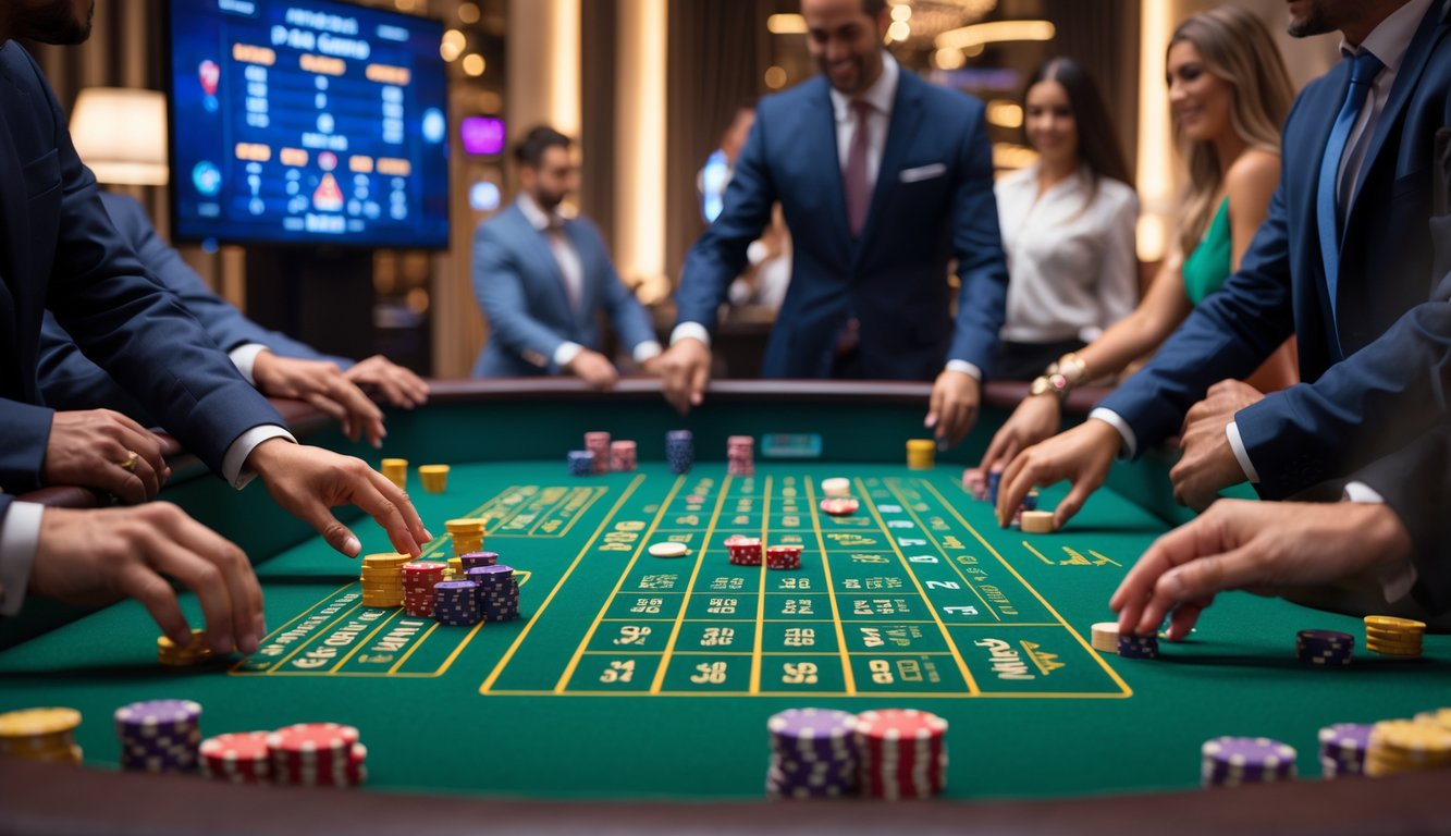 Meja permainan craps dengan pemain yang melempar dadu dan memasang taruhan di kasino langsung online.