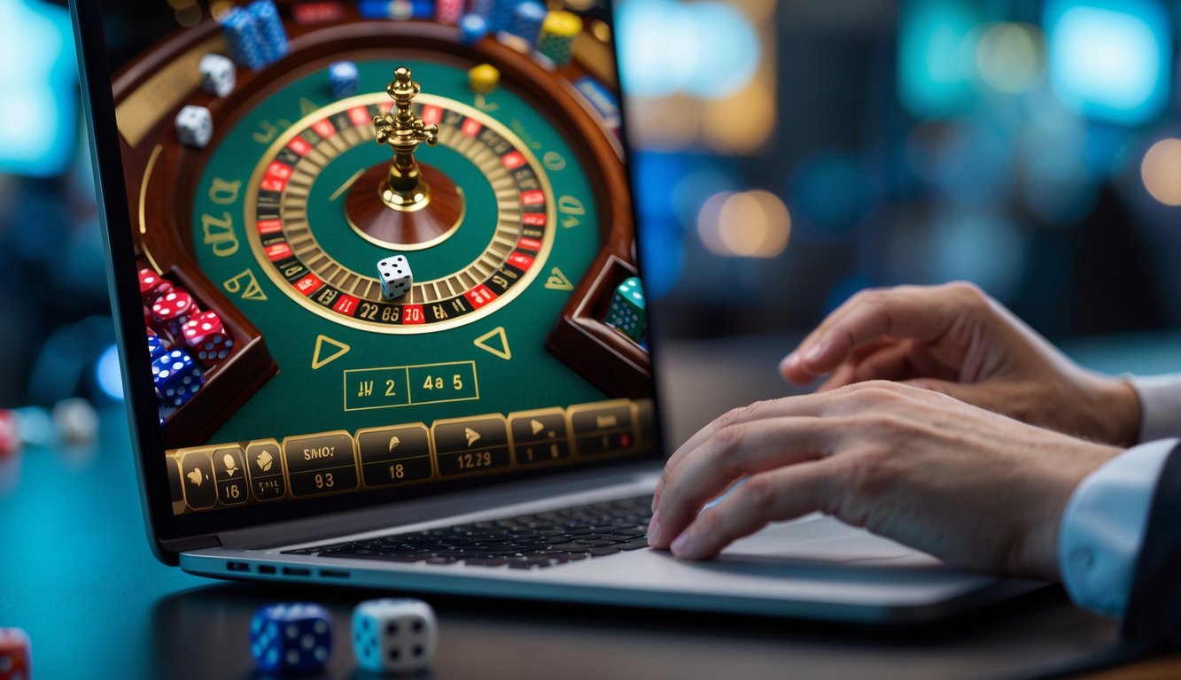 Seorang pemain sedang bermain permainan dadu craps secara online di depan layar komputer.