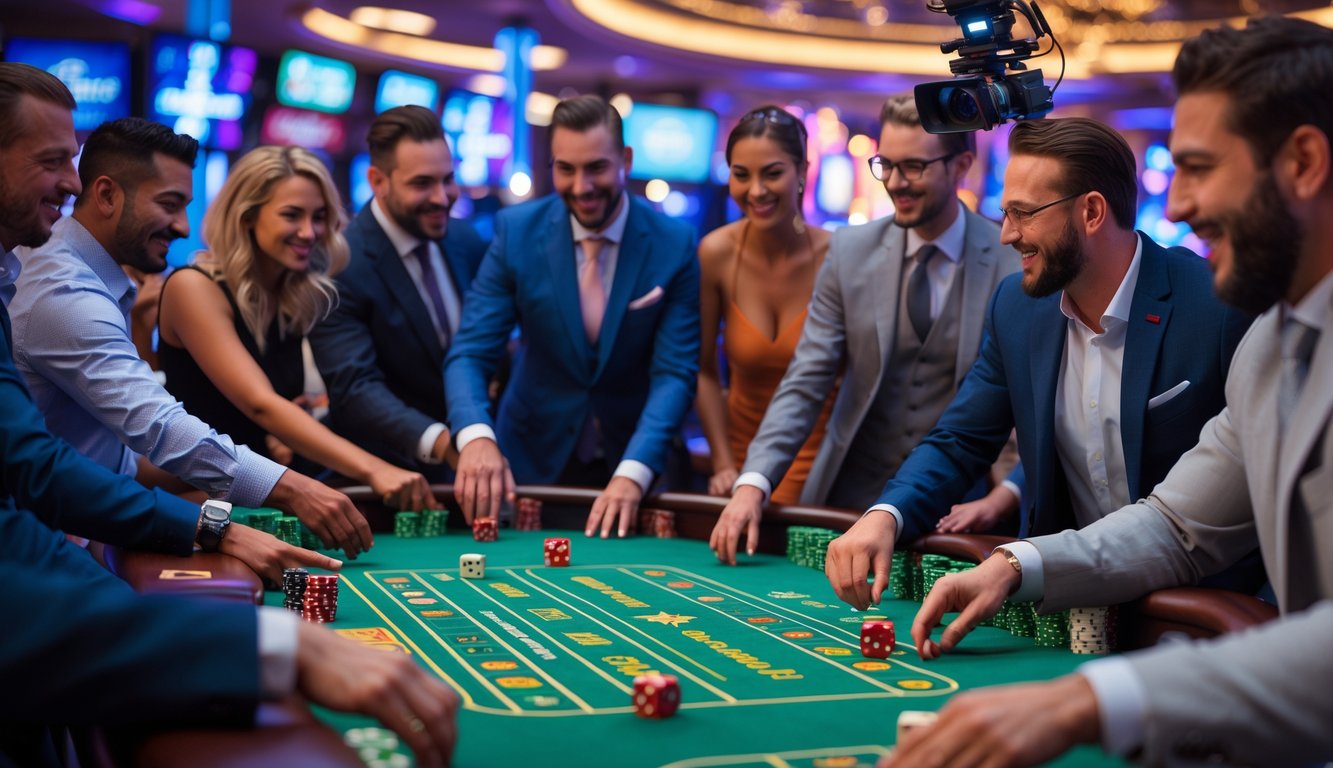 Meja permainan craps kasino dengan beberapa pemain yang sedang melempar dadu, dikelilingi oleh peralatan streaming dan lampu kasino.
