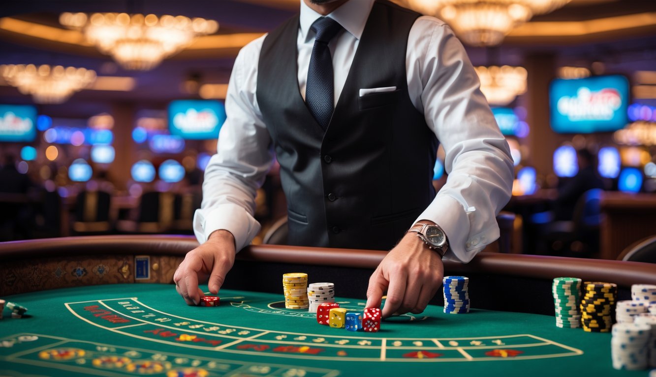 Seorang dealer craps sedang berdiri di belakang meja permainan dengan dadu dan chip di kasino.