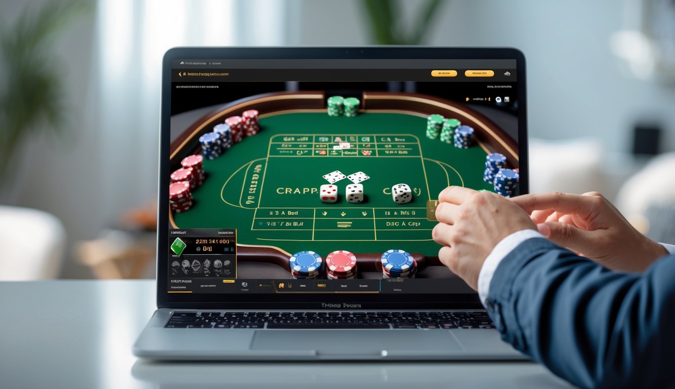 Seseorang bermain permainan craps online dengan uang nyata menggunakan komputer di meja kerja.