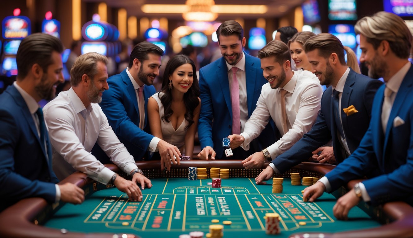 Sekelompok orang bermain taruhan dadu hidup di meja kasino dengan suasana ramai dan penuh semangat.