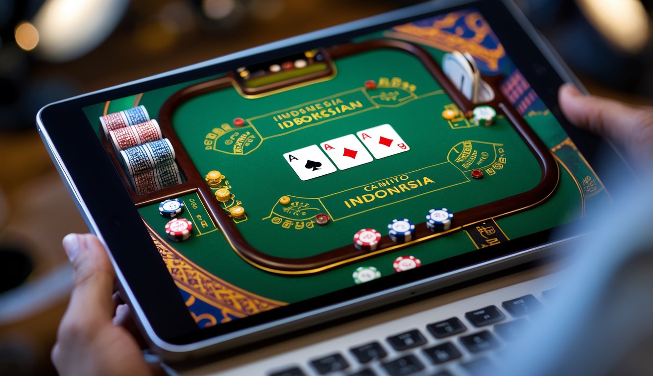 Layar komputer menampilkan permainan dadu kasino online dengan dadu yang sedang dilempar dan tumpukan chip di meja permainan.