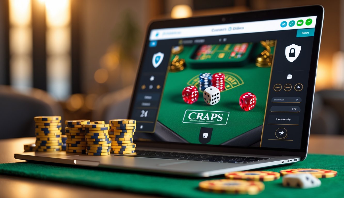 Layar komputer menampilkan permainan dadu craps online dengan dadu dan chip taruhan berwarna cerah di latar belakang ruangan yang nyaman.