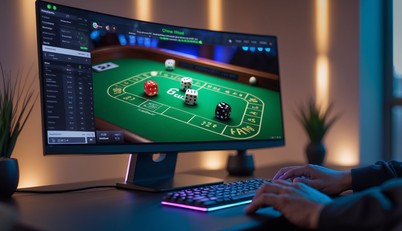 Sebuah meja permainan dengan monitor yang menampilkan permainan dadu craps secara online, dengan tangan yang sedang bermain.