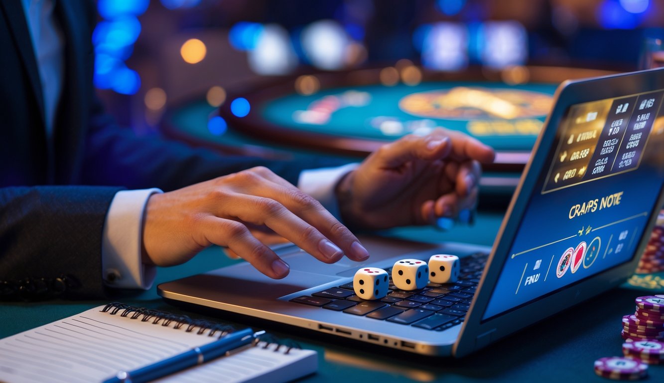 Tangan seseorang menggunakan laptop dengan permainan craps online di layar, di meja dengan buku catatan dan pena, di latar belakang suasana kasino.