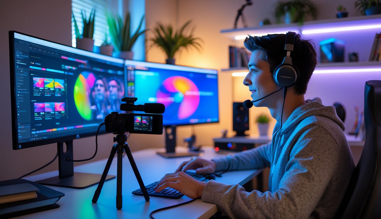 Seorang dewasa muda duduk di meja kerja dengan dua monitor dan headset, sedang melakukan siaran langsung di ruang kerja modern.