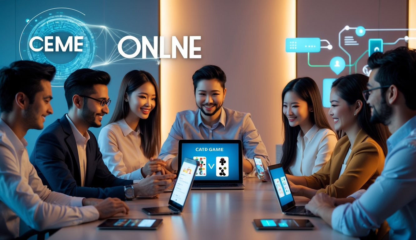 Sekelompok orang bermain permainan kartu online di meja dengan perangkat digital dalam ruangan modern.