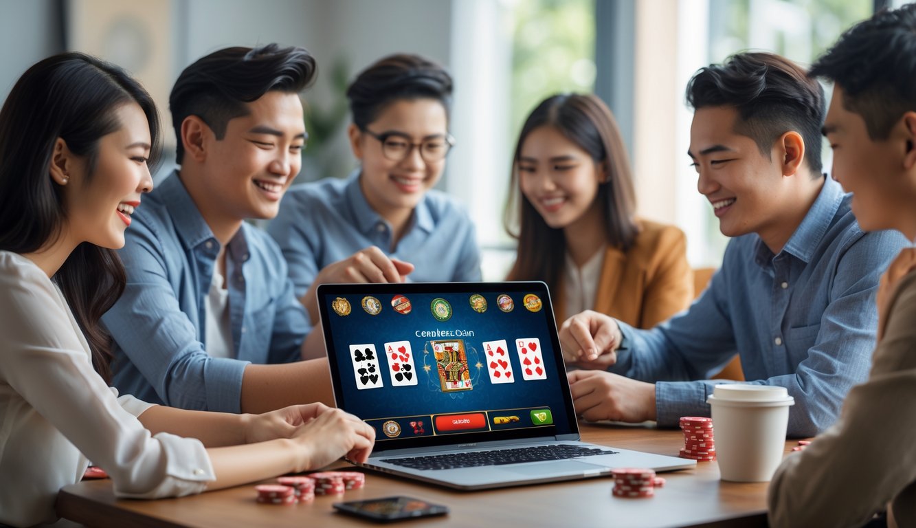 Sekelompok orang muda bermain permainan kartu Ceme secara online di depan laptop di ruang tamu yang nyaman.