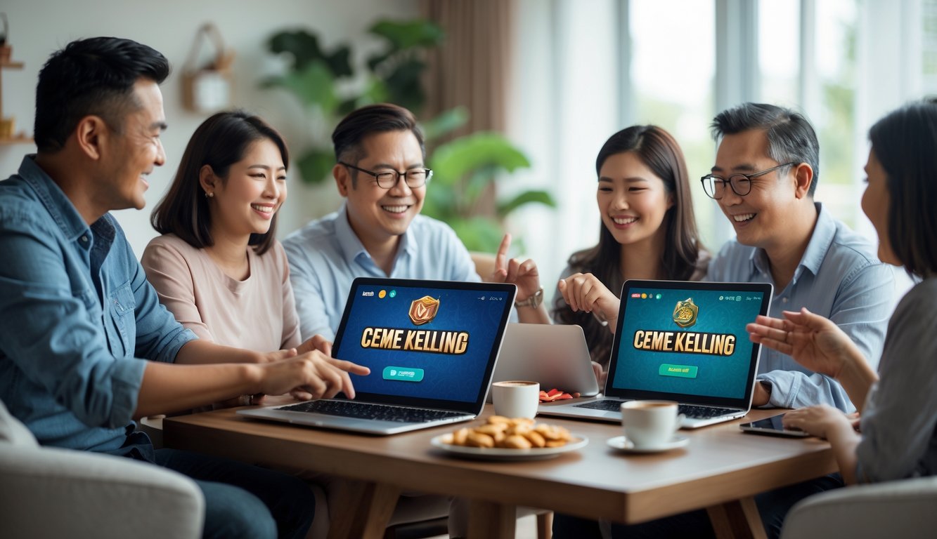 Sekelompok orang dewasa bermain permainan kartu Ceme Keliling secara online menggunakan laptop dan ponsel di ruang tamu yang nyaman.