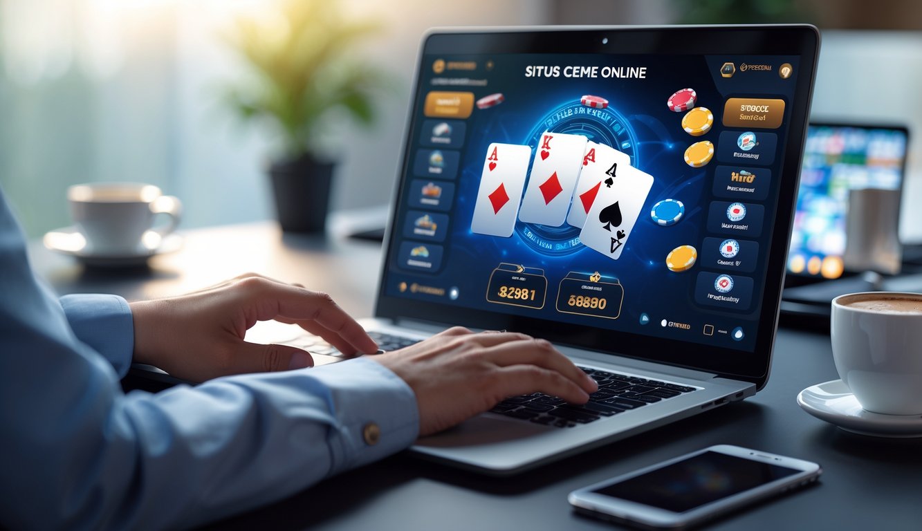 Seorang pengguna bermain permainan kartu online di depan laptop di ruang kerja modern.