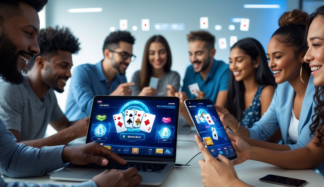 Sekelompok orang bermain permainan kartu secara online menggunakan laptop dan ponsel di ruangan yang terang dan modern.
