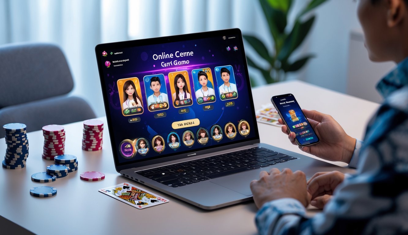 Seorang pemain menggunakan laptop dan smartphone untuk bermain permainan kartu online di ruang kerja yang rapi dengan pencahayaan hangat.