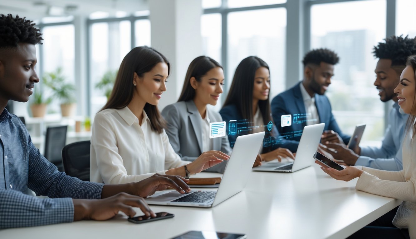 Sekelompok orang muda menggunakan laptop dan ponsel di kantor modern untuk melakukan transaksi uang secara online.