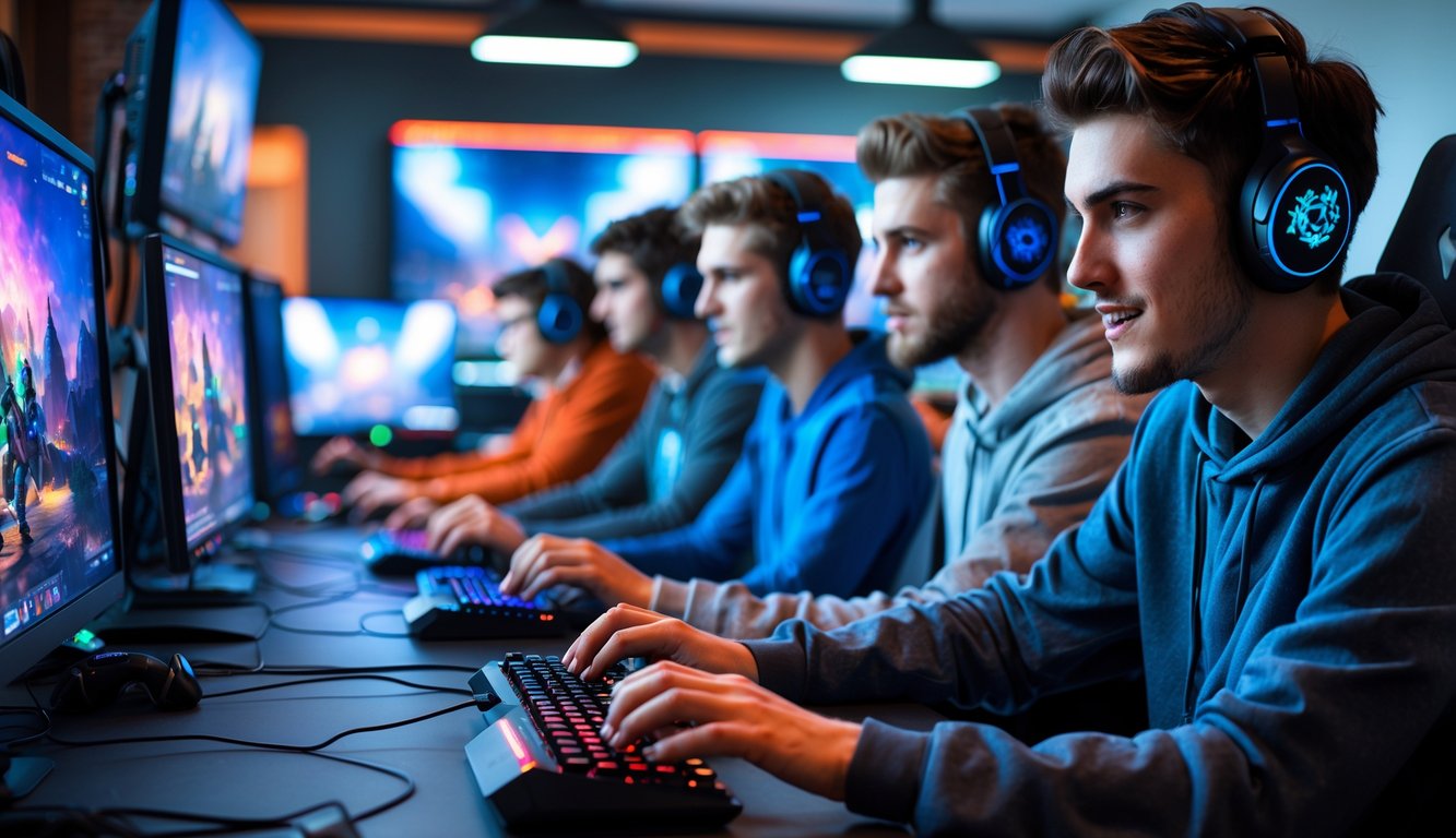 Sekelompok orang muda sedang bermain game online bersama di ruangan modern dengan komputer dan laptop.