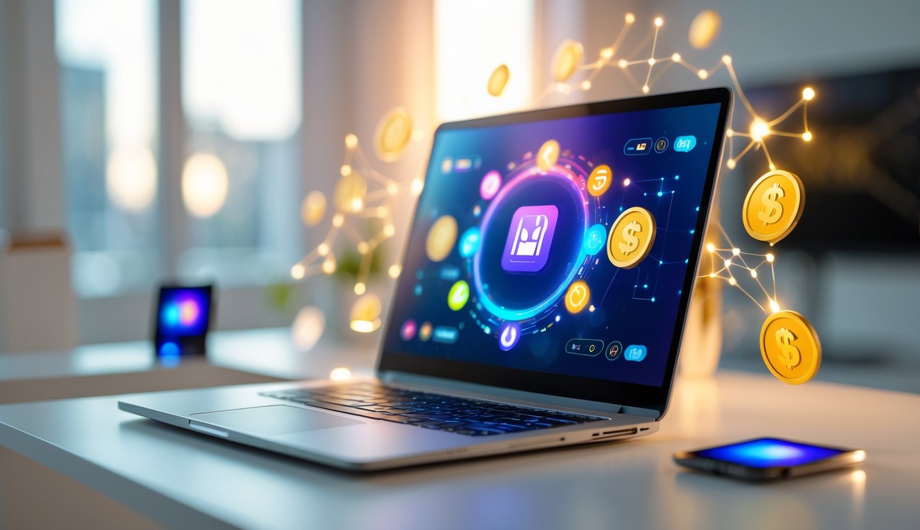 Seorang laptop modern di atas meja dengan ikon warna-warni dan simbol bonus digital di layar, dikelilingi oleh koin digital dan elemen jaringan abstrak.