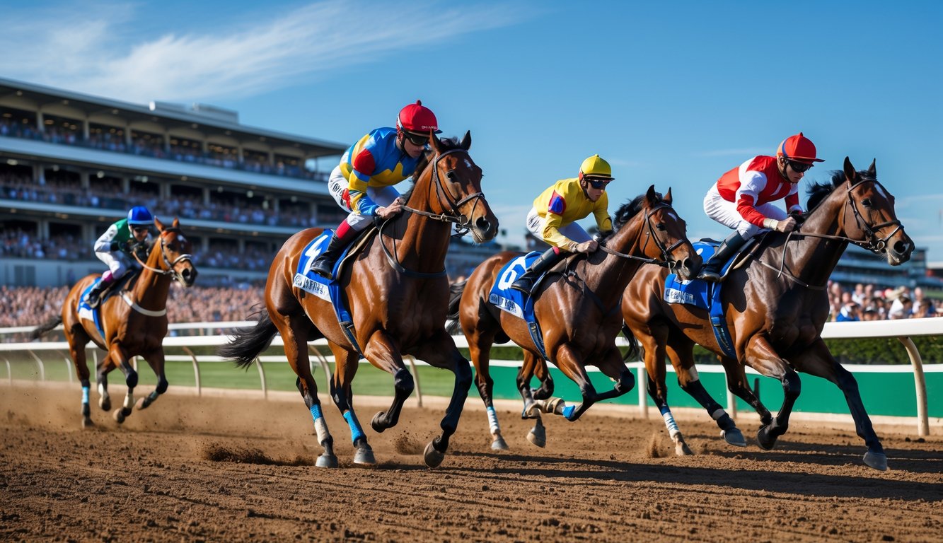 Balapan kuda langsung dengan beberapa kuda dan joki yang sedang berlomba di lintasan dengan penonton di latar belakang.