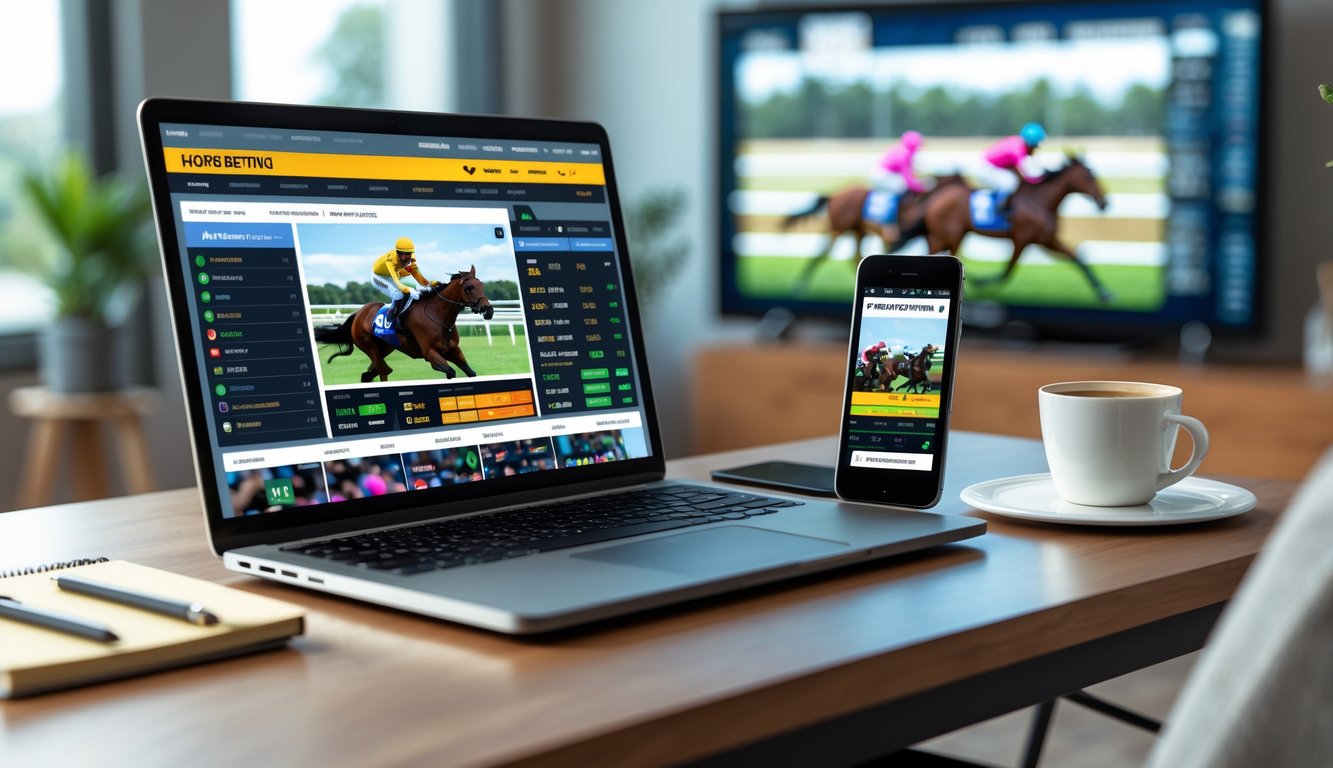 Sebuah meja kerja dengan laptop dan ponsel yang menampilkan taruhan kuda online, dengan latar belakang layar televisi yang menayangkan balapan kuda.