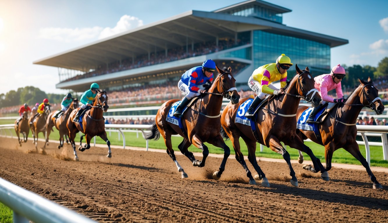 Lomba balap kuda dengan beberapa kuda dan joki berlari di lintasan balap di depan tribun penonton yang penuh.