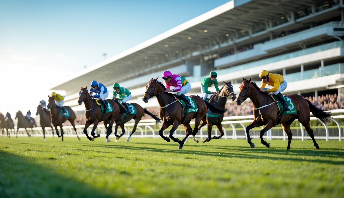 Beberapa kuda pacuan dan joki sedang berlomba di lintasan rumput hijau dengan penonton di latar belakang.
